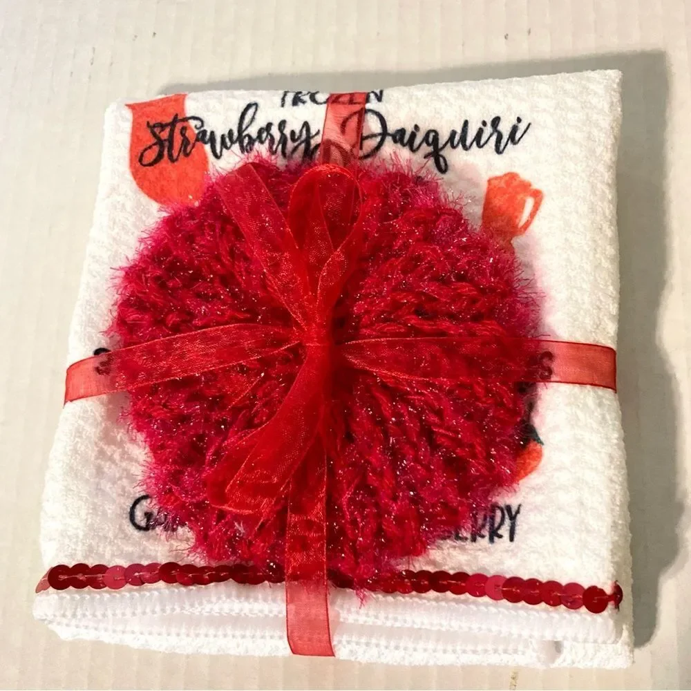 STRAWBERRY DAIQUIRI Bar Keeper Towel and Countertop Dish Glass Scrubby Gift Set